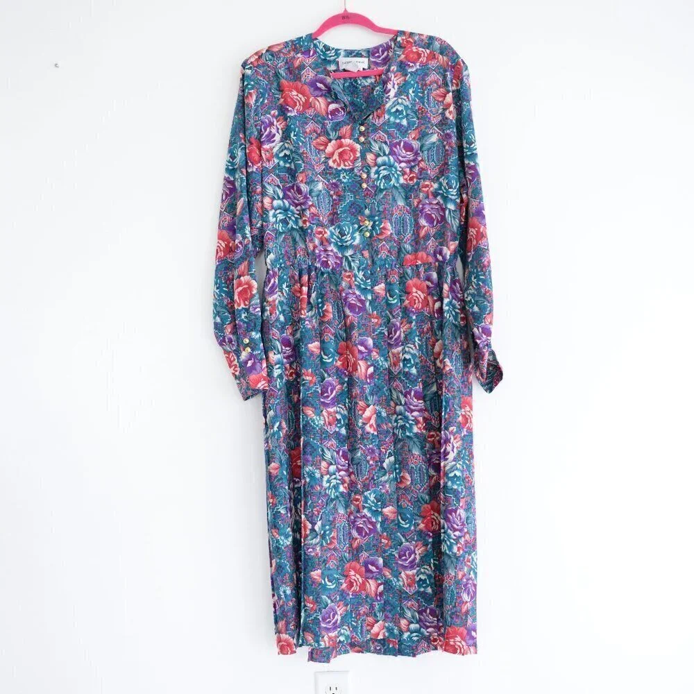 Vintage Schrader Teal Purple Floral Button Front Pleated Maxi Retro 80s Dress 18 - Picture 1 of 14